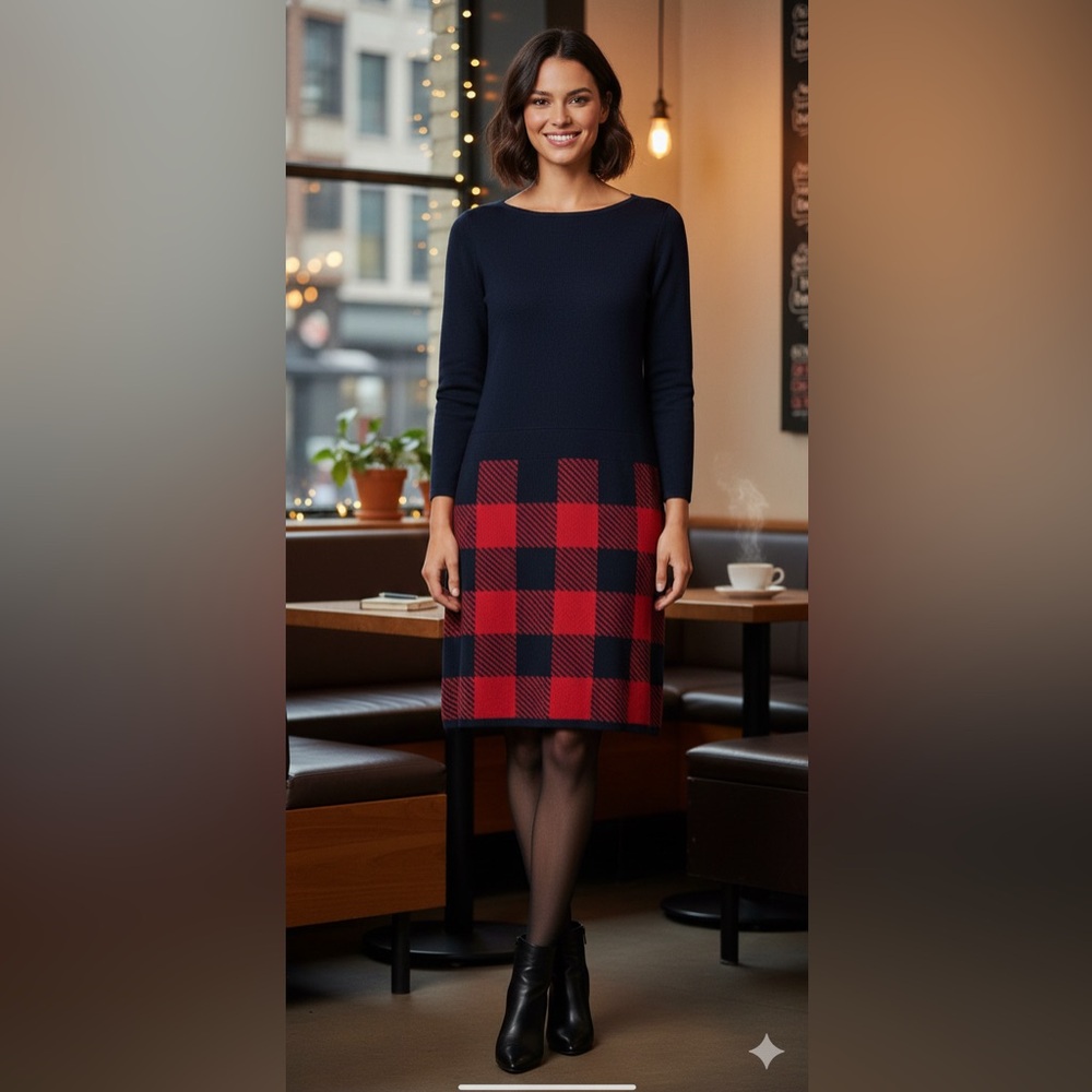 Lauren Ralph Lauren Sweater Dress Black Red Buffalo Plaid XS Preppy Designer
